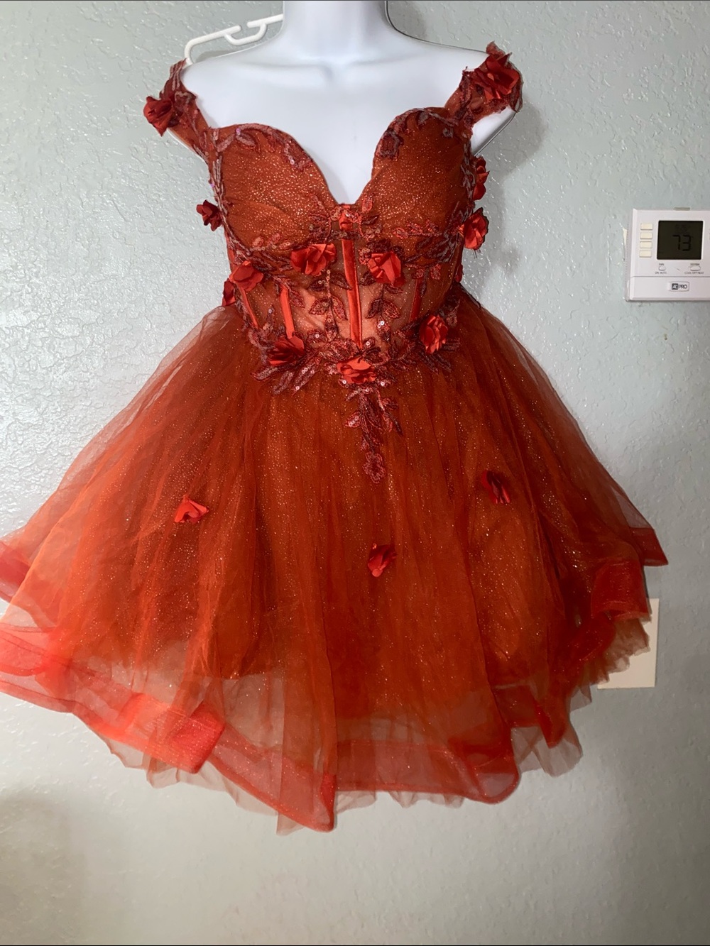 Orange / Rust  Floral Appliqué Sparkle Tulle Party Dress
